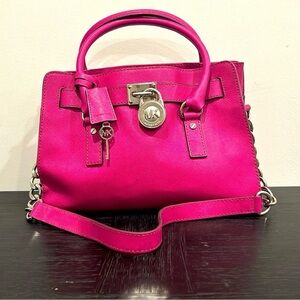 Michael Kors Hamilton Satchel with Lock and Key in Hot Pink